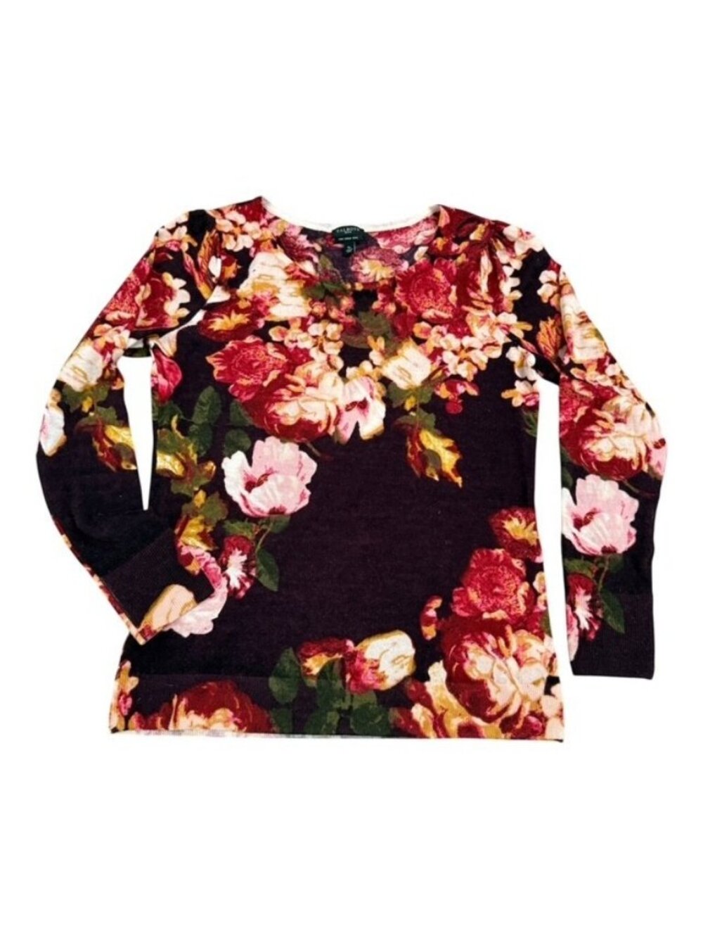 Talbots Petite Small 100% Merino Wool Lightweight Thin Sweater Burgandy Floral